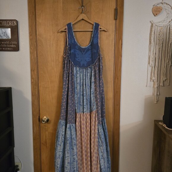 Free People Lost Palms Craft Mixed Print Patchwork Maxi Dress Womens Large Blue - Picture 4 of 7